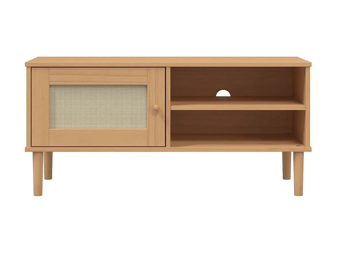 Meuble TV SENJA aspect rotin marron 106x40x49cm bois massif pin