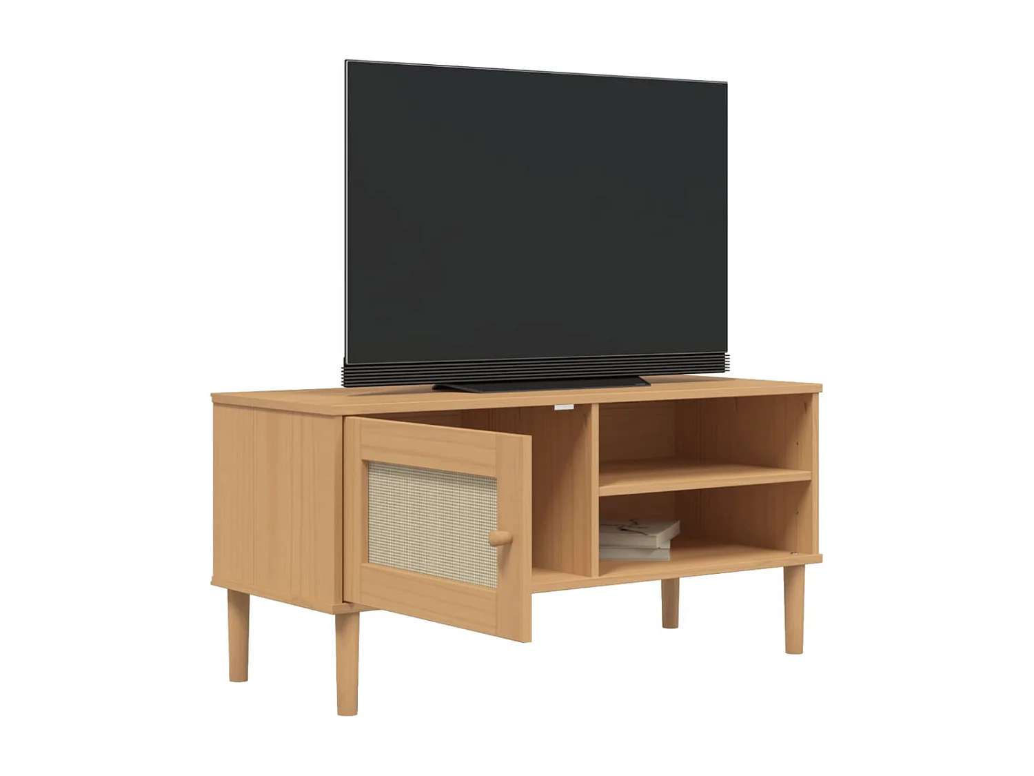 Meuble TV SENJA aspect rotin marron 106x40x49cm bois massif pin
