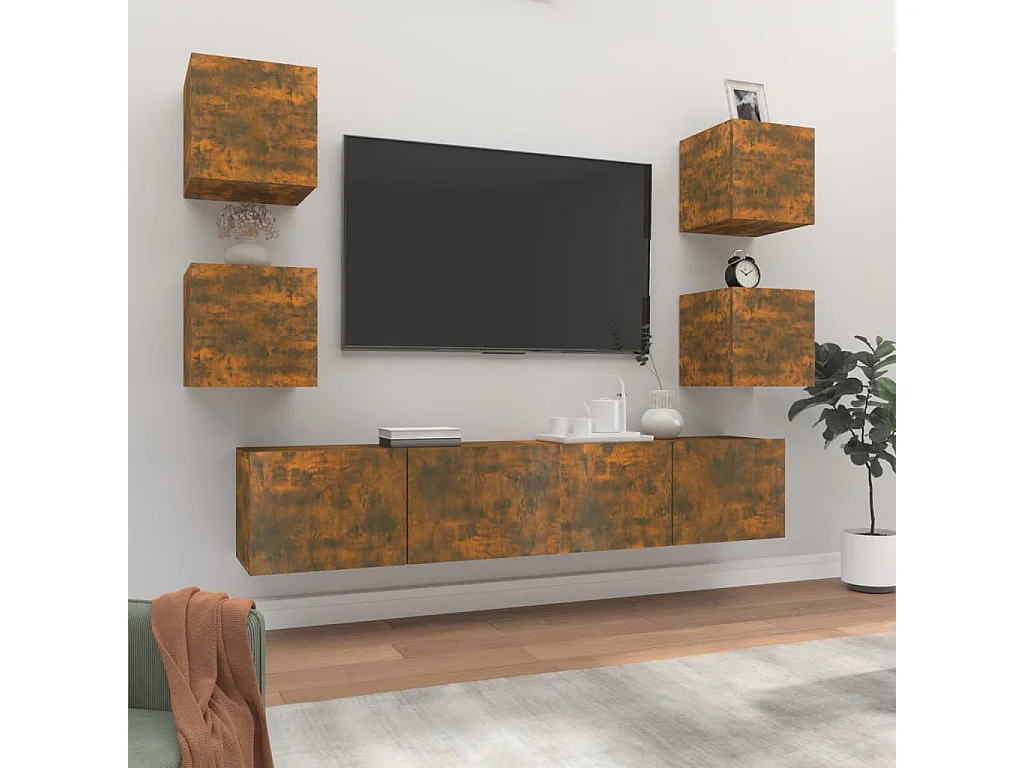 6-teiliges TV-Schrank-Set. Holzwerkstoff aus geräucherter Eiche