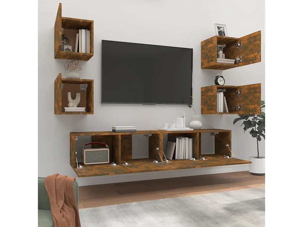 6-teiliges TV-Schrank-Set. Holzwerkstoff aus geräucherter Eiche