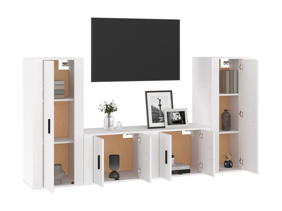 Conjunto de suporte de TV de 4 peças em madeira projetada em branco brilhante