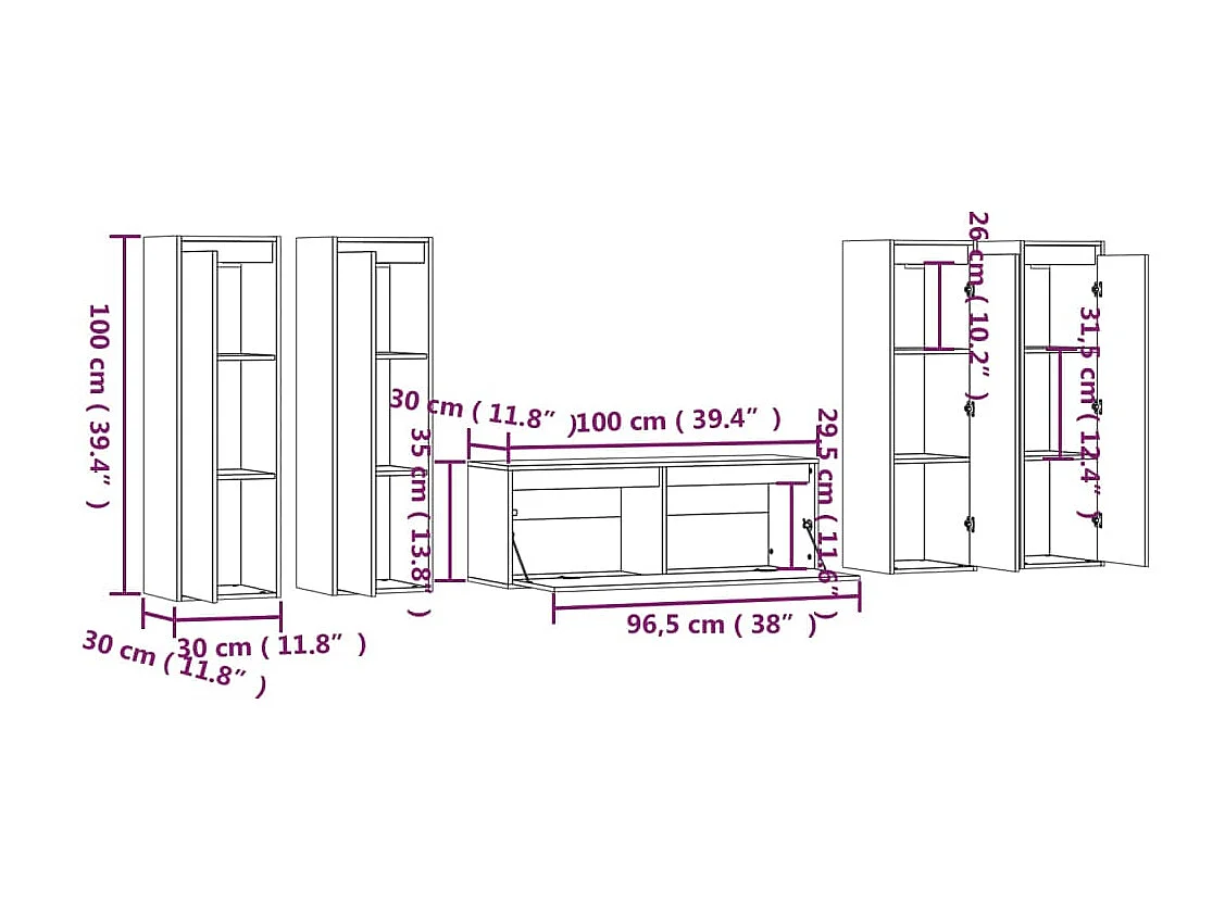 Mobile TV 5 pz. Legno di pino massiccio