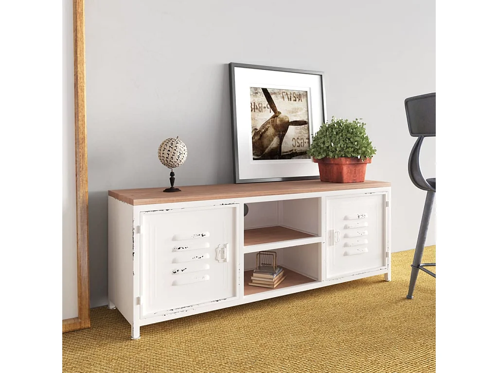 Meuble TV Blanc 110x30x40 cm Fer et bois de sapin massif