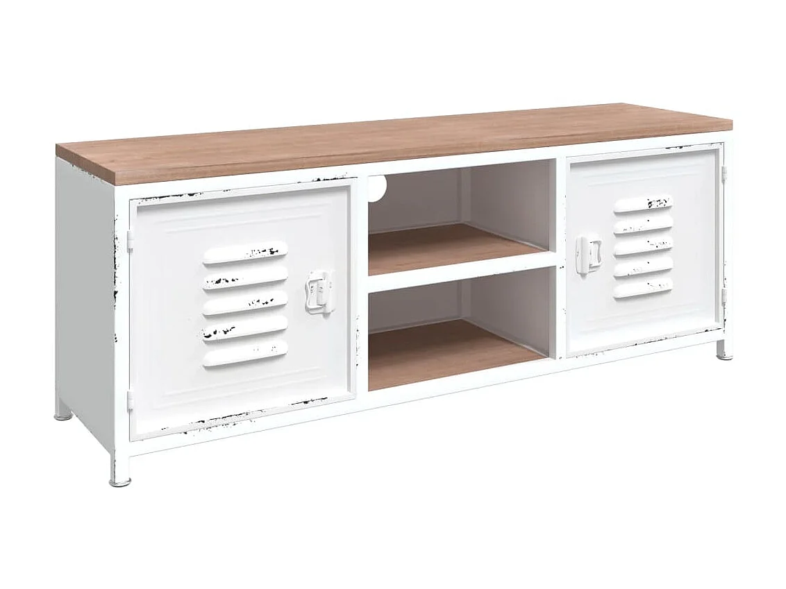 Meuble TV Blanc 110x30x40 cm Fer et bois de sapin massif