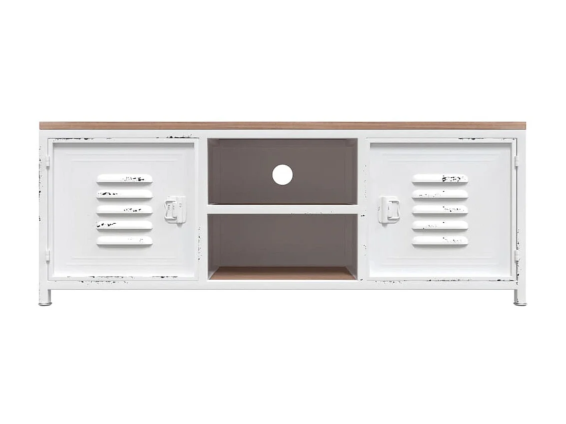 Meuble TV Blanc 110x30x40 cm Fer et bois de sapin massif