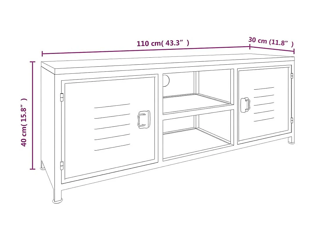 Meuble TV Blanc 110x30x40 cm Fer et bois de sapin massif