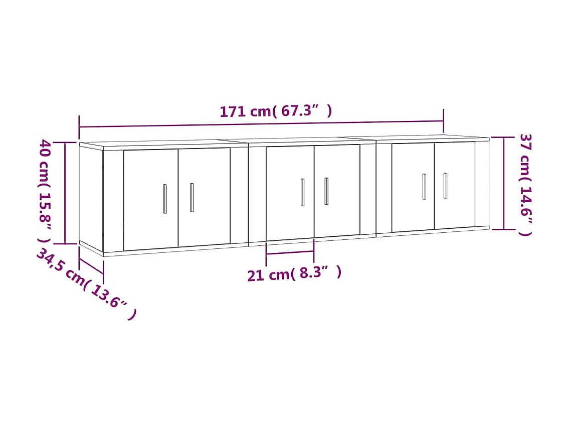 TV-meubels voor wandmontage 3 stuks sonoma grijs 57x34,5x40 cm