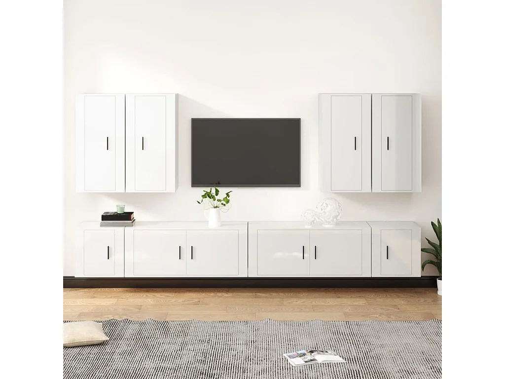 Conjunto de suporte de TV de 8 peças em madeira projetada em branco brilhante