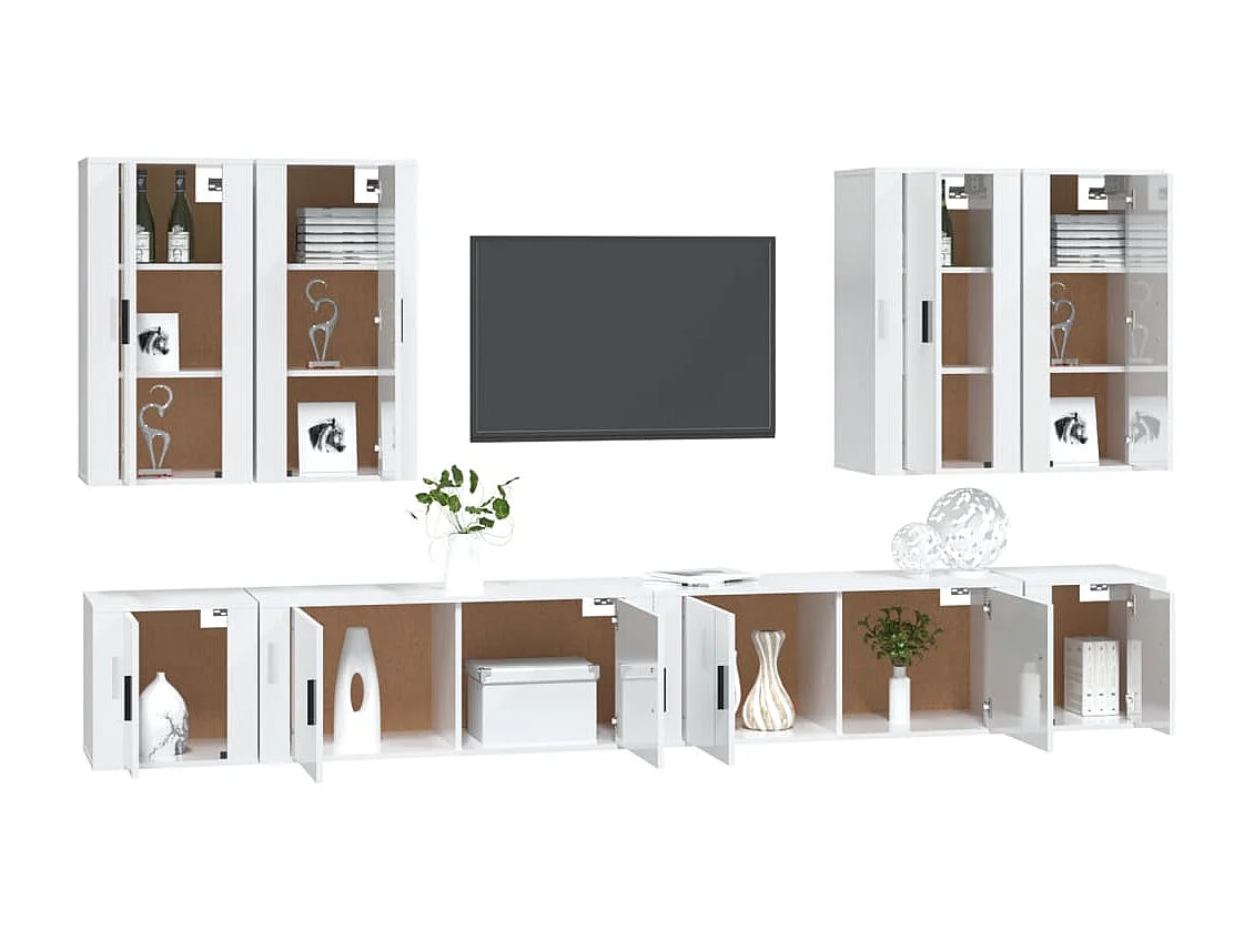 Conjunto de suporte de TV de 8 peças em madeira projetada em branco brilhante