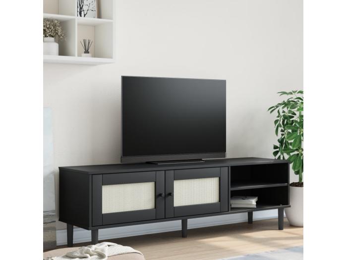 Meuble Tv Senja Aspect Rotin Noir X X Cm Bois Massif Pin