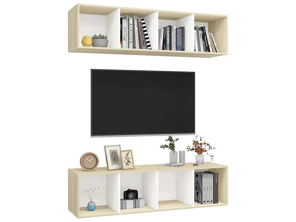 Móveis de TV de parede 2 peças em aglomerado branco e carvalho Sonoma