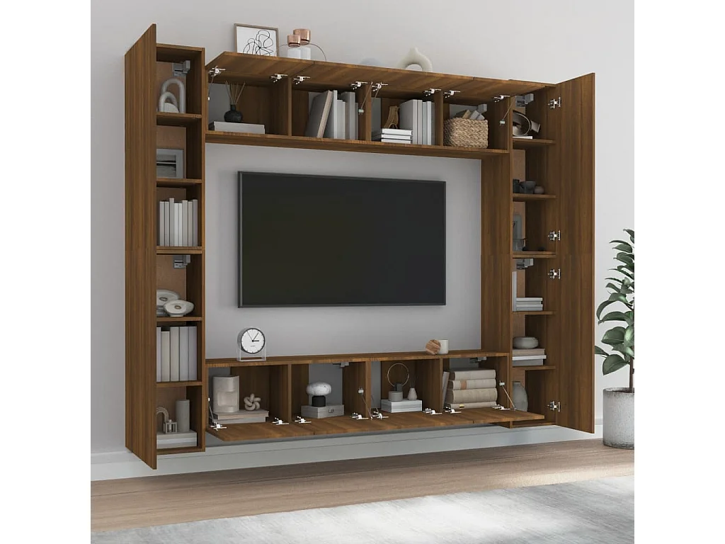 8-teiliges TV-Ständer-Set aus braunem Eichenholzwerkstoff