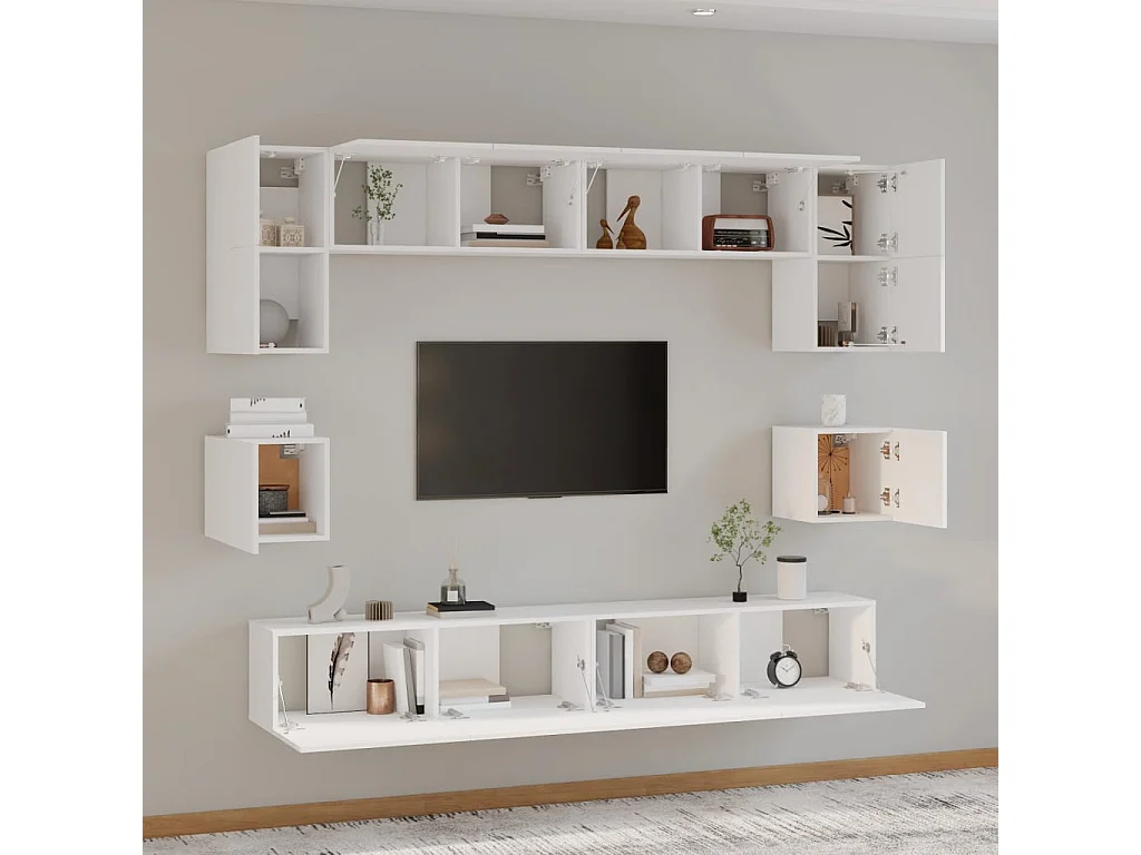 Juego de soporte para TV de 8 piezas de madera de ingeniería blanca