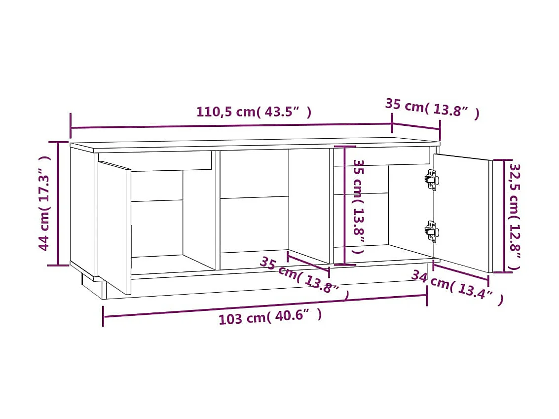 Meuble TV Blanc 110,5x35x44 cm Bois de pin massif