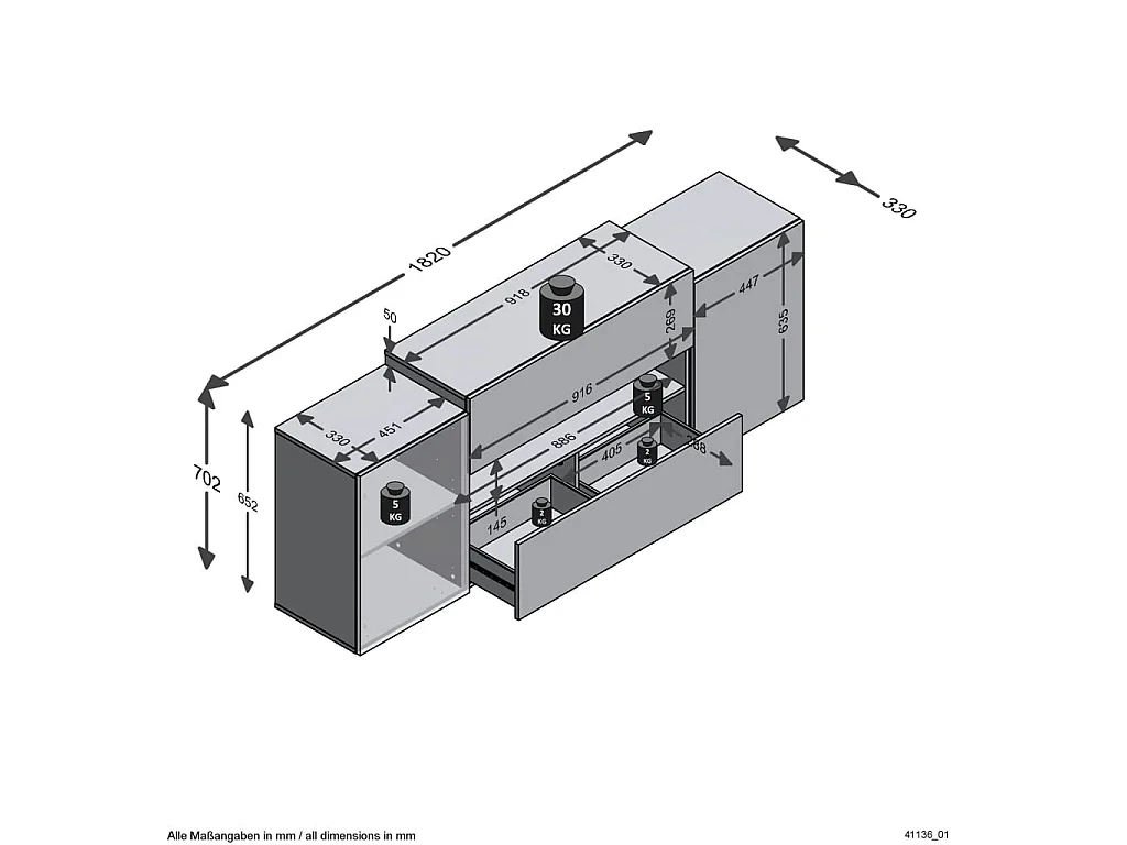 FMD TV/HiFi-Gerät 182x33x70,2 cm Weiße und handgefertigte Eiche
