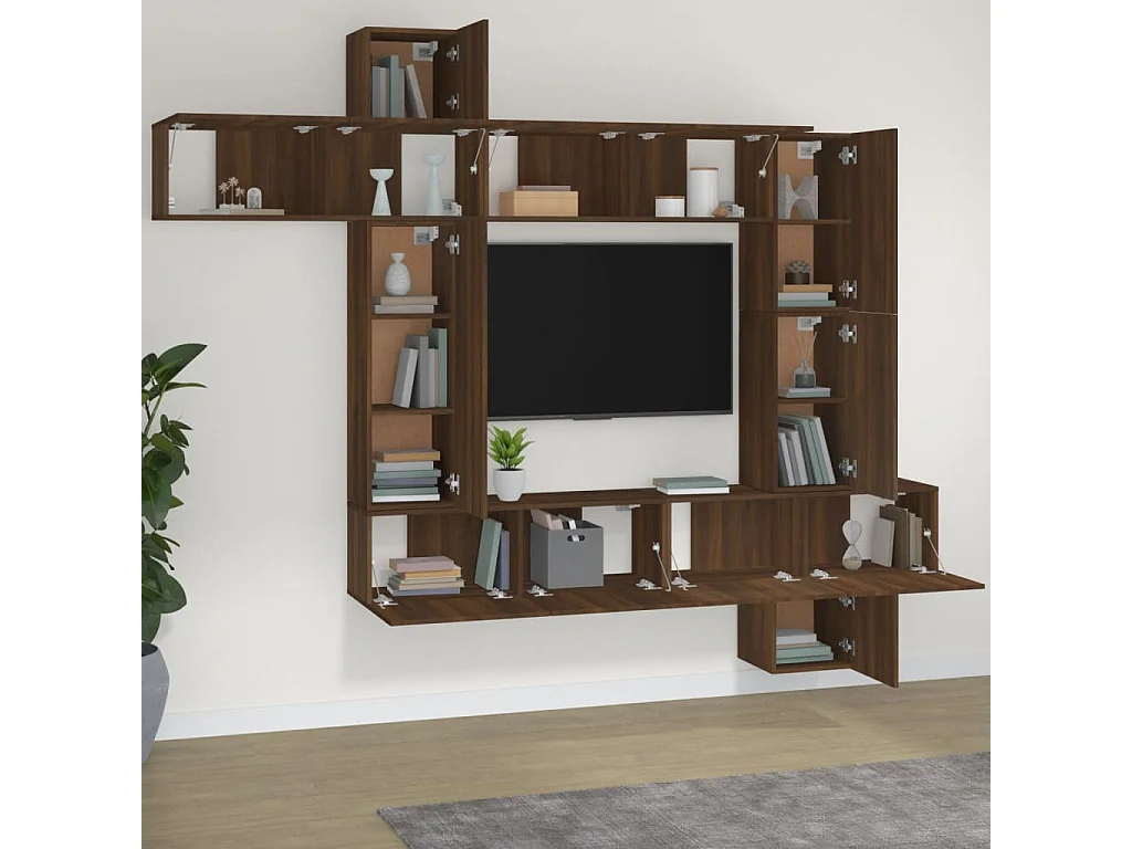 9-teiliges TV-Ständer-Set aus braunem Eichenholzwerkstoff