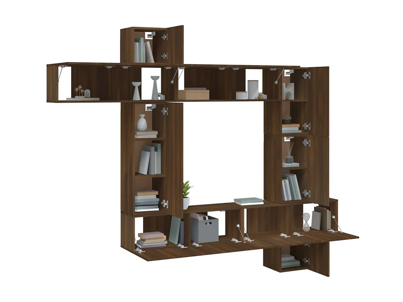 9-teiliges TV-Ständer-Set aus braunem Eichenholzwerkstoff
