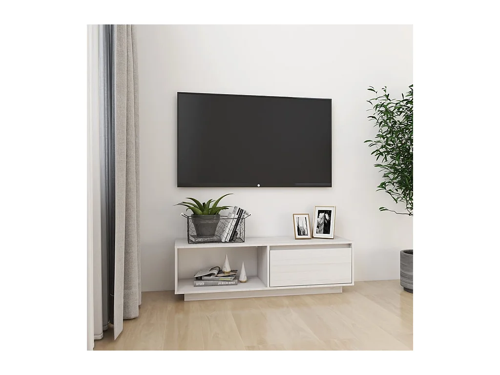 Meuble TV Blanc 110x30x33,5 cm Bois de pin massif