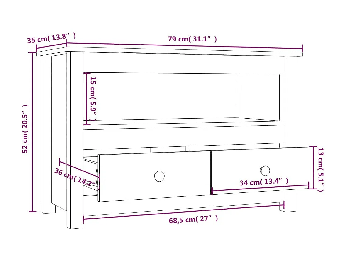 Mueble TV negro 79x35x52 cm Madera maciza de pino