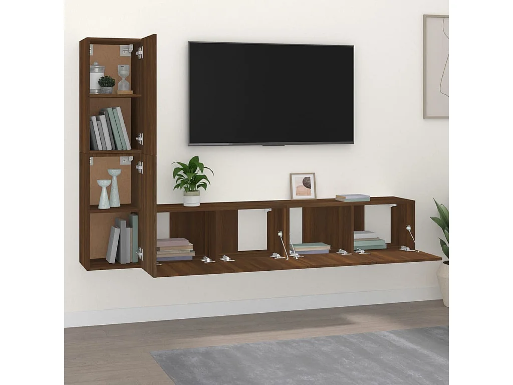 4-teiliges TV-Ständer-Set aus braunem Eichenholzwerkstoff