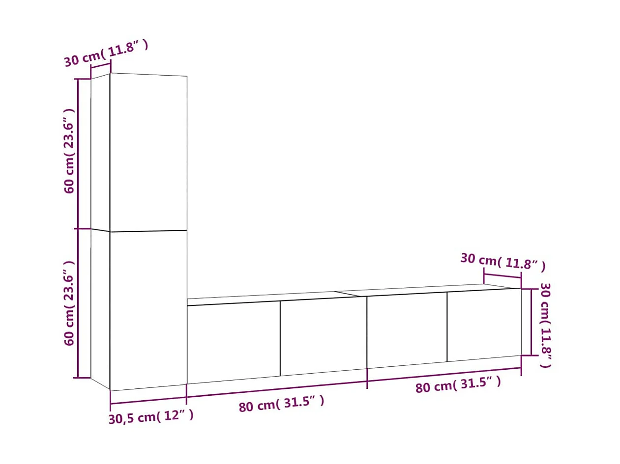 4-teiliges TV-Ständer-Set aus braunem Eichenholzwerkstoff