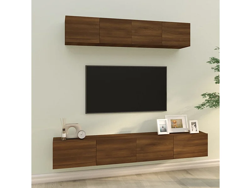 4-teiliges TV-Ständer-Set aus braunem Eichenholzwerkstoff