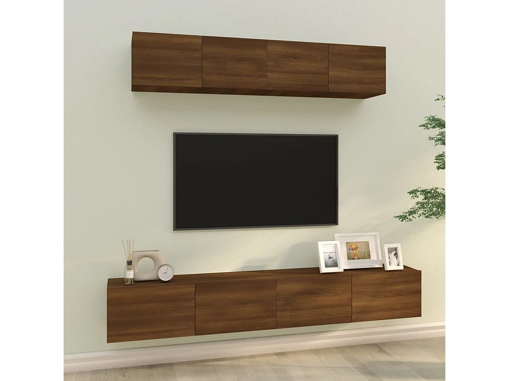 4-teiliges TV-Ständer-Set aus braunem Eichenholzwerkstoff