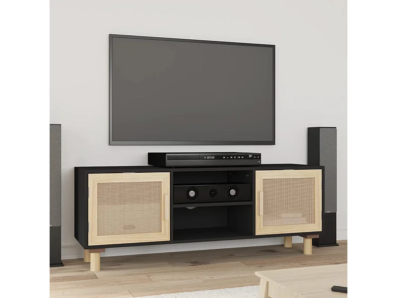 Zwart tv-meubel 105x30x40cm Massief grenenhout en natuurlijk rotan