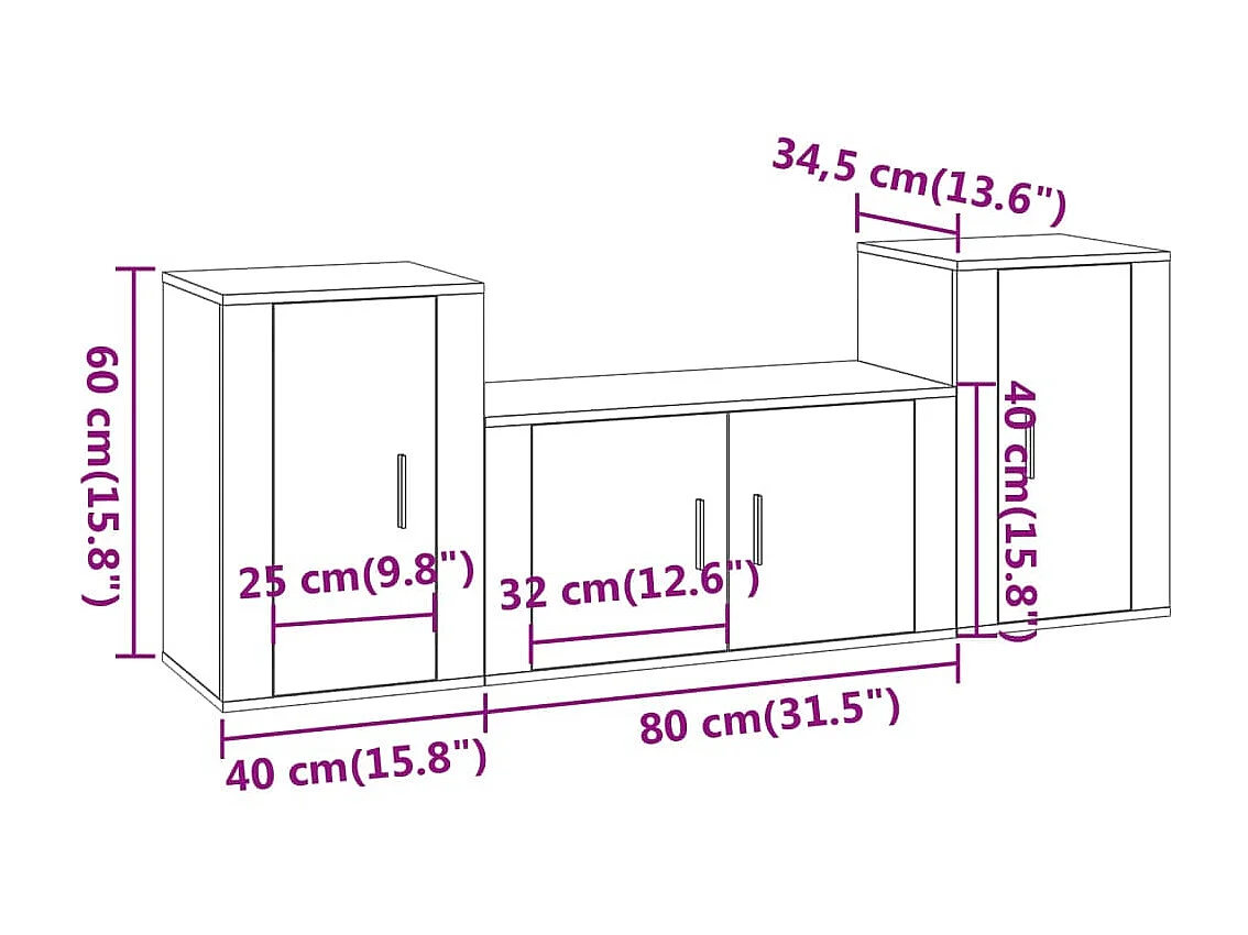 3-teiliges TV-Ständer-Set aus geräuchertem Eichenholz