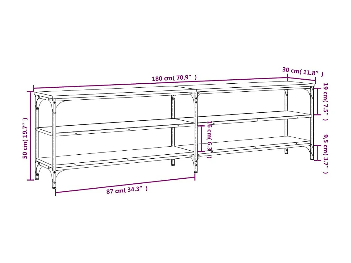 Móvel TV carvalho castanho 180x30x50 cm madeira e metal