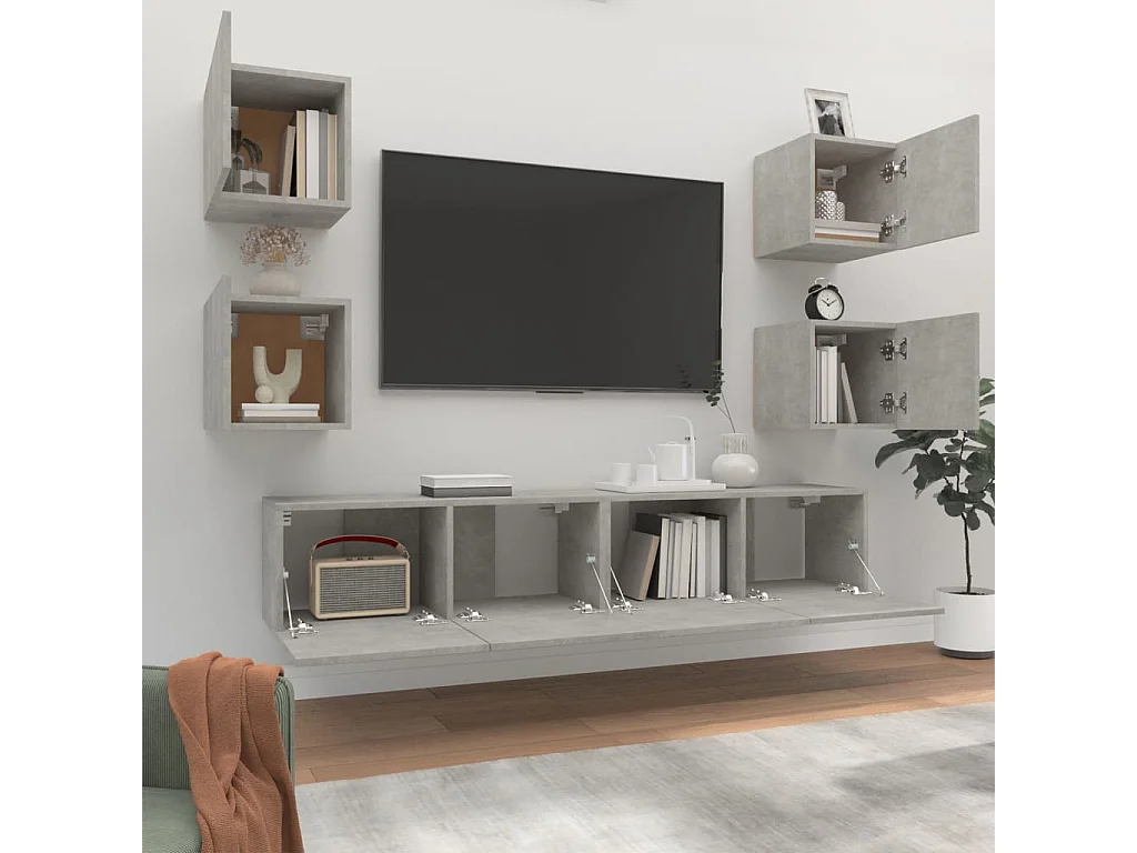 Conjunto de móveis de TV 6 unidades concreto cinza madeira projetada
