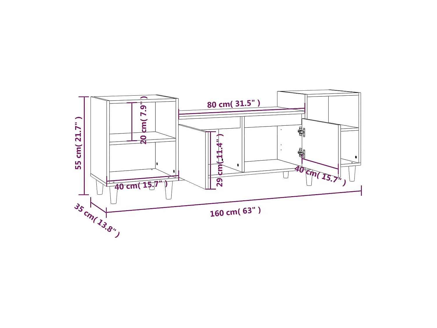 Meuble TV Noir 160x35x55 cm Bois d'ingénierie