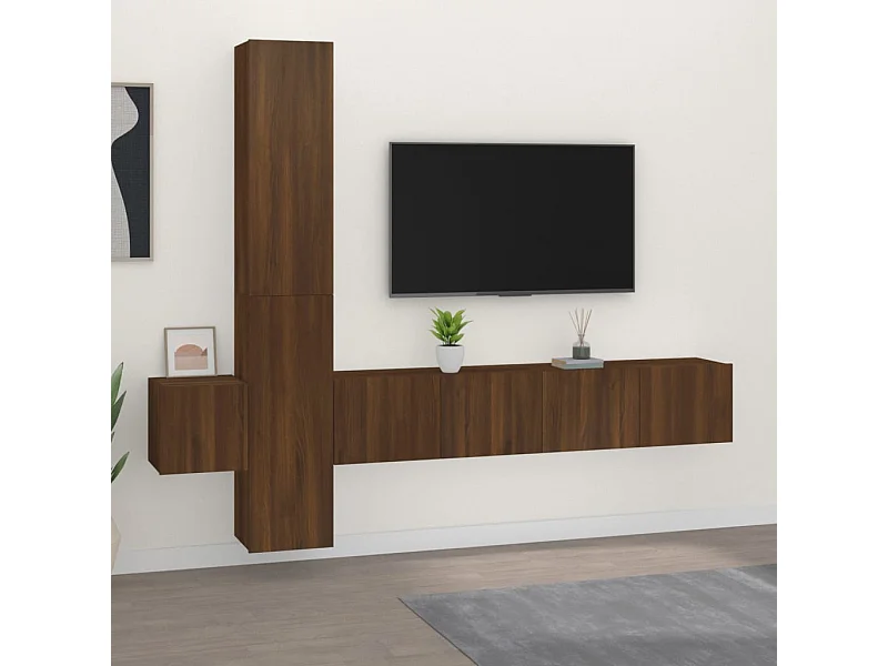 Set porta TV da 5 pezzi in legno multistrato di quercia marrone