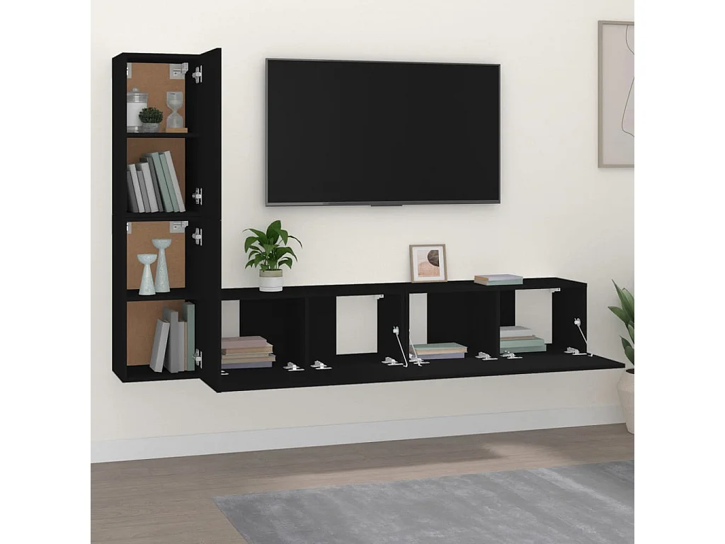4-delige tv-standaardset zwart bewerkt hout
