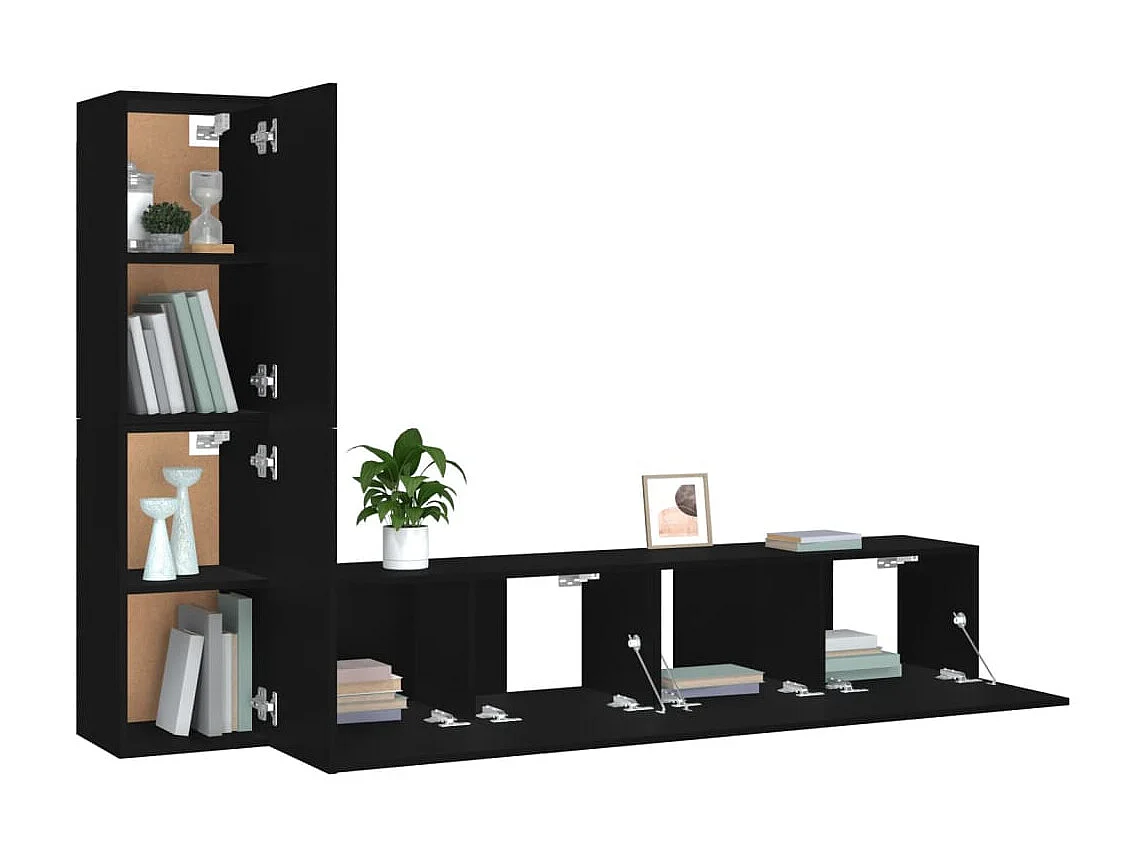 4-delige tv-standaardset zwart bewerkt hout