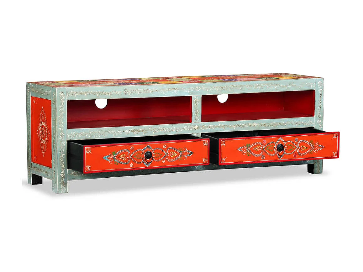 TV-Schrank aus massivem Mangoholz, handbemalt
