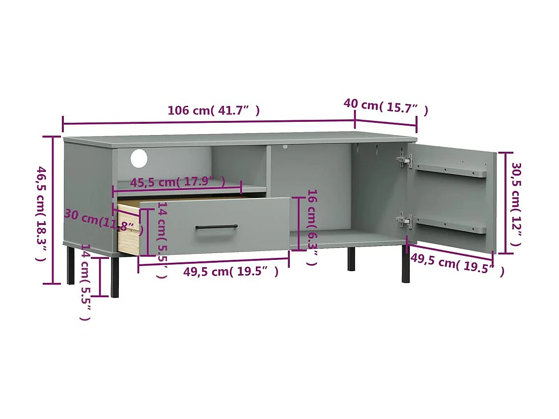 Móvel tv com pés de metal cinza Madeira maciça de pinho OSLO