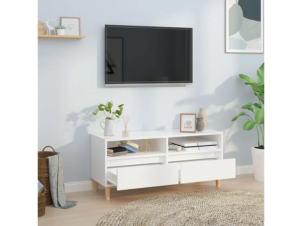 Meuble TV blanc brillant 100x34,5x44,5 cm bois d'ingénierie
