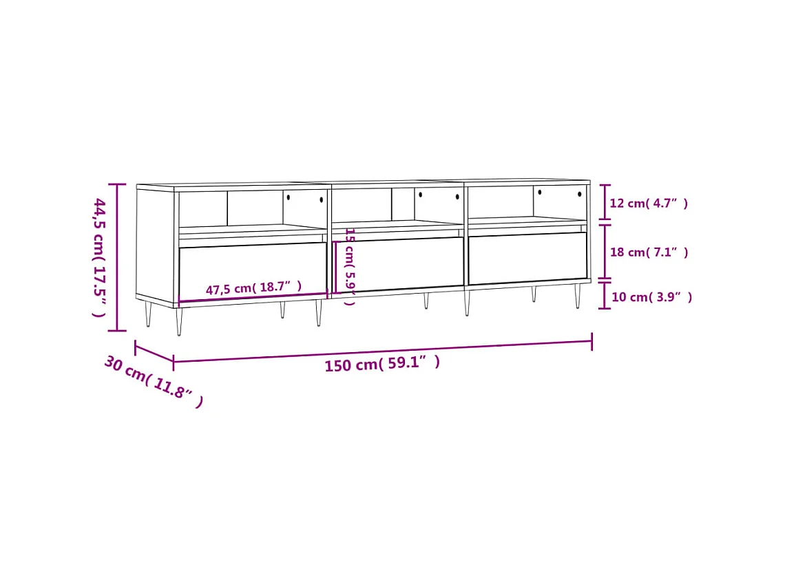 Meuble TV noir 150x30x44,5 cm bois d'ingénierie