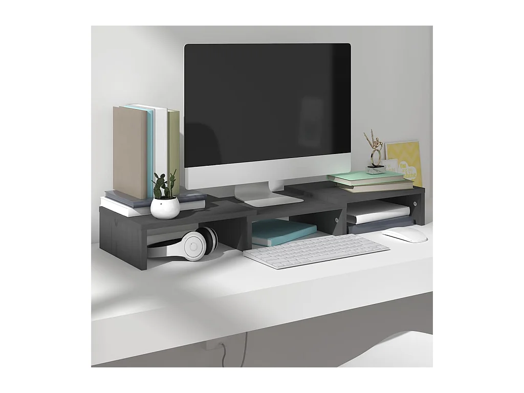 Support de moniteur Gris 60x24x10,5 cm Bois de pin solide