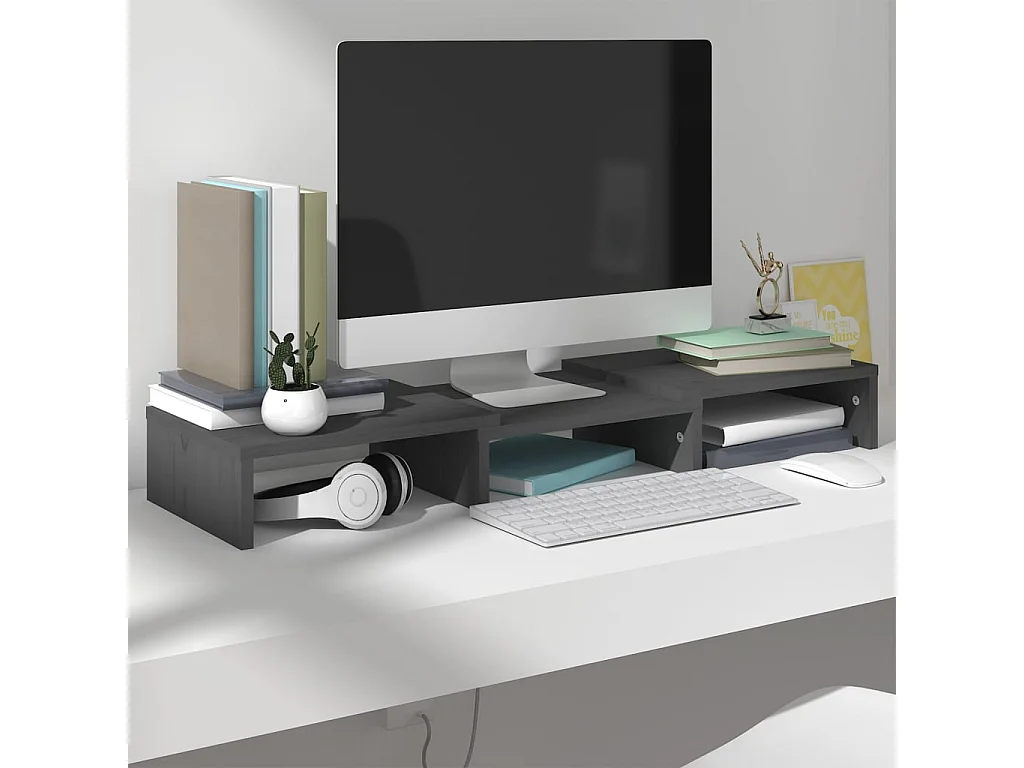 Soporte para monitor Gris 60x24x10,5 cm Madera maciza de pino