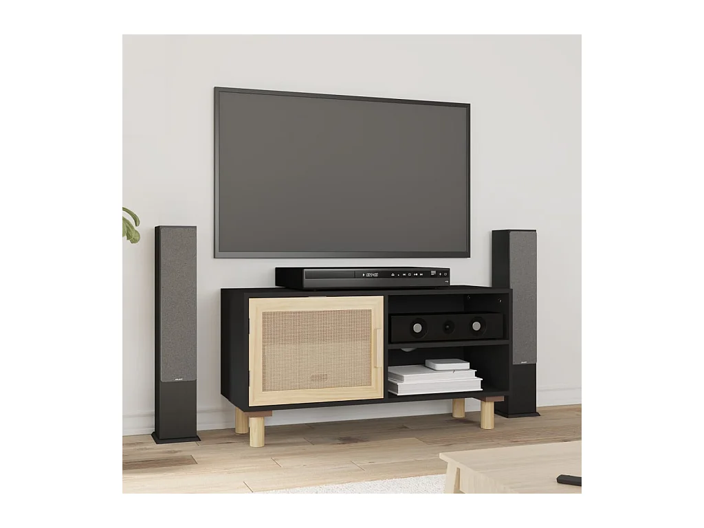 Meuble TV Noir 80x30x40 cm Bois de pin massif et rotin naturel