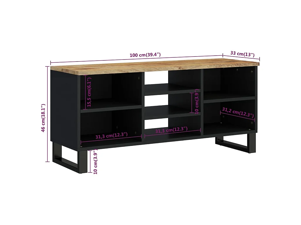 Meuble TV 100x33x46 cm bois de manguier et d'ingénierie