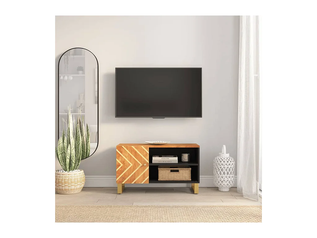 Meuble TV marron et noir 80x31,5x46 cm bois massif de manguier