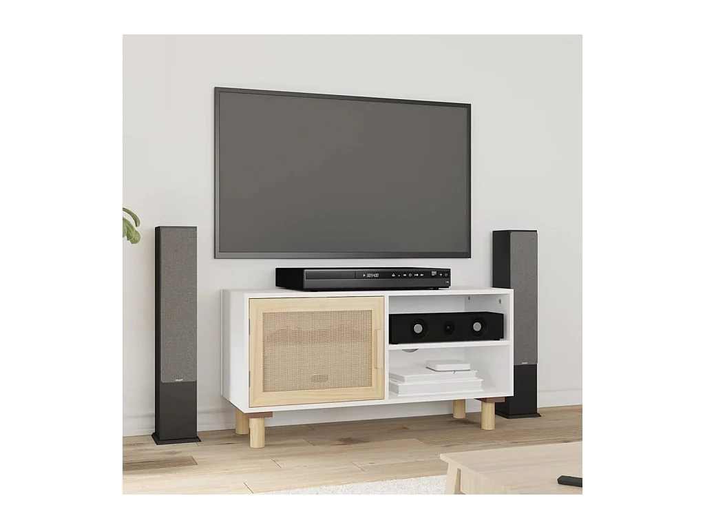 Meuble TV Blanc 80x30x40 cm Bois de pin massif et rotin naturel