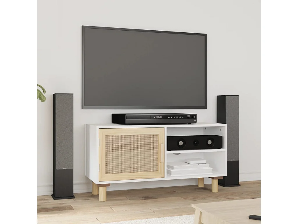 Mueble TV blanco 80x30x40 cm Madera maciza de pino y ratán natural