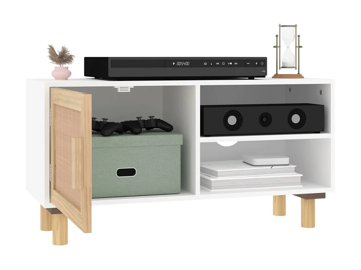 Mueble TV blanco 80x30x40 cm Madera maciza de pino y ratán natural