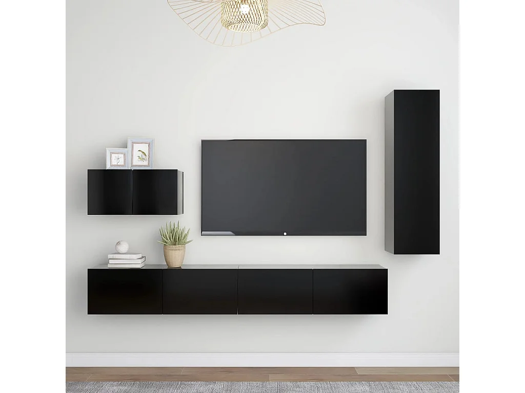 TV-Schrank-Set, 4-teilig, schwarze Spanplatte