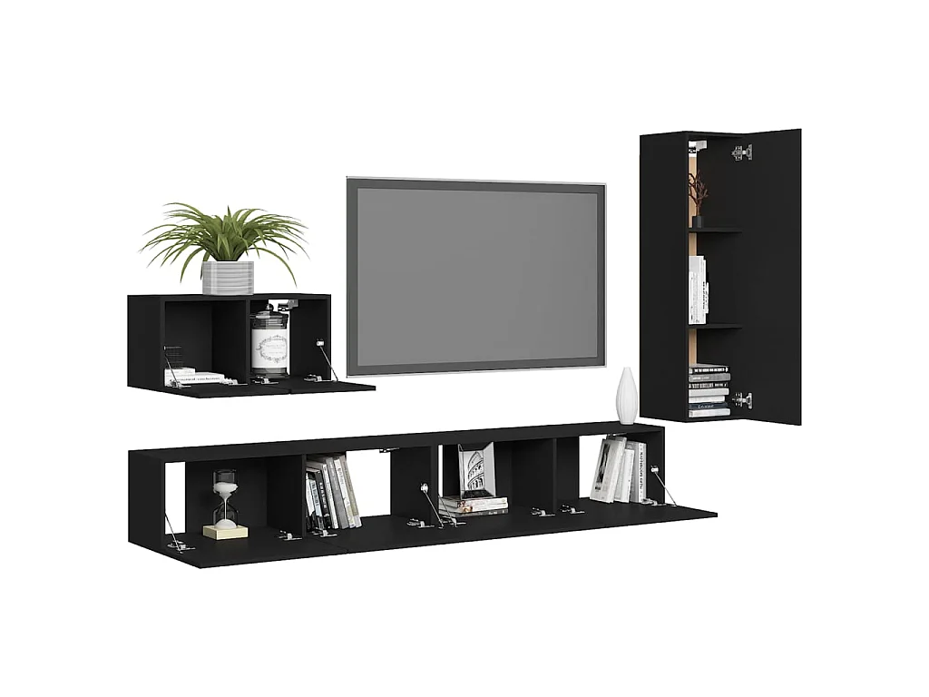 TV-Schrank-Set, 4-teilig, schwarze Spanplatte