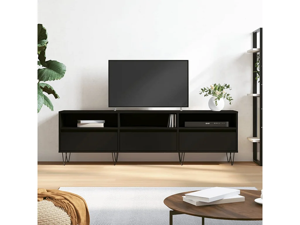 Mueble TV negro 150x30x44,5 cm de madera contrachapada